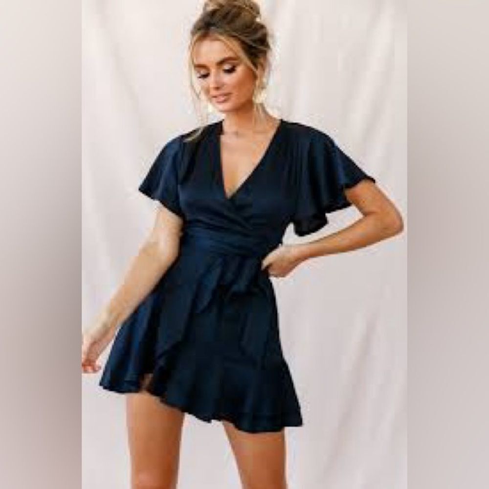 NWT Saints + Secrets S Dress | Silky Navy Ruffle Wrap Flowy Dress